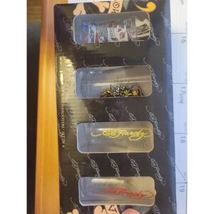 4 Don Ed Hardy Shot Glasses Bar Ware Skulls Tiger Koi Fish Boxed Set